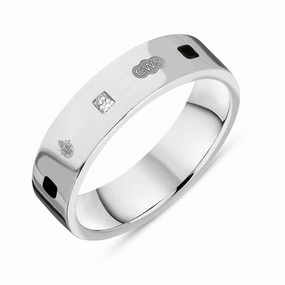 9ct White Gold Whitby Jet 0.12ct Diamond Queen's Jubilee Hallmark Princess Cut 5mm Ring D