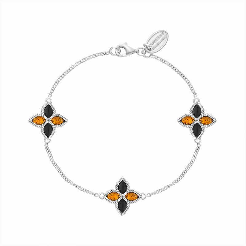 9ct White Gold Whitby Jet And Amber Eden Marquise Flower Bracelet