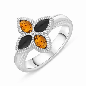9ct White Gold Whitby Jet And Amber Eden Marquise Flower Ring