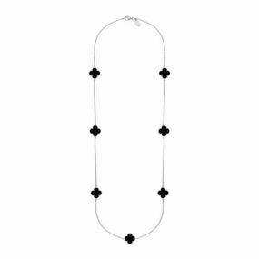 9ct White Gold Whitby Jet Bloom Four Leaf Clover Ball Edge Long Necklace