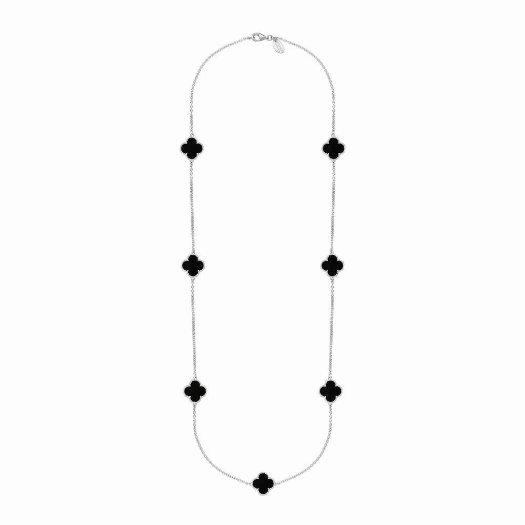 9ct White Gold Whitby Jet Bloom Four Leaf Clover Ball Edge Long Necklace