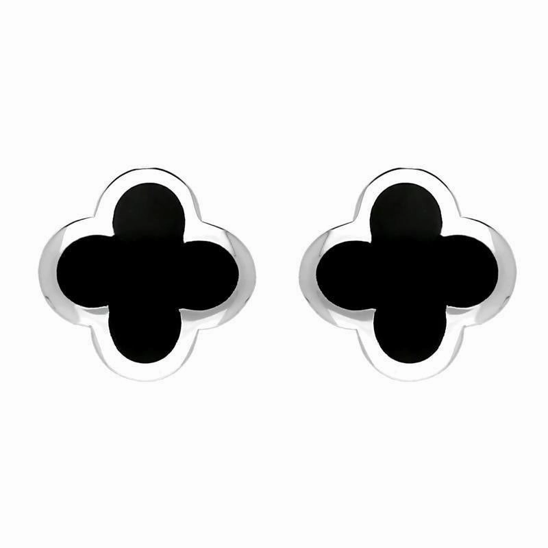 9ct White Gold Whitby Jet Bloom Four Leaf Clover Stud Earrings