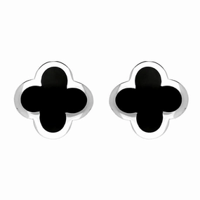 9ct White Gold Whitby Jet Bloom Four Leaf Clover Stud Earrings