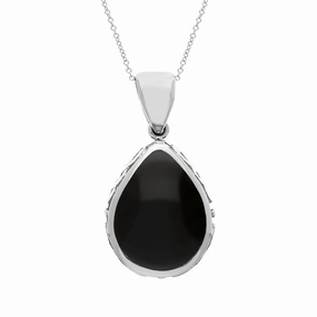 9ct White Gold Whitby Jet Blue John Double Sided Celtic Pear Cut Fob Necklace
