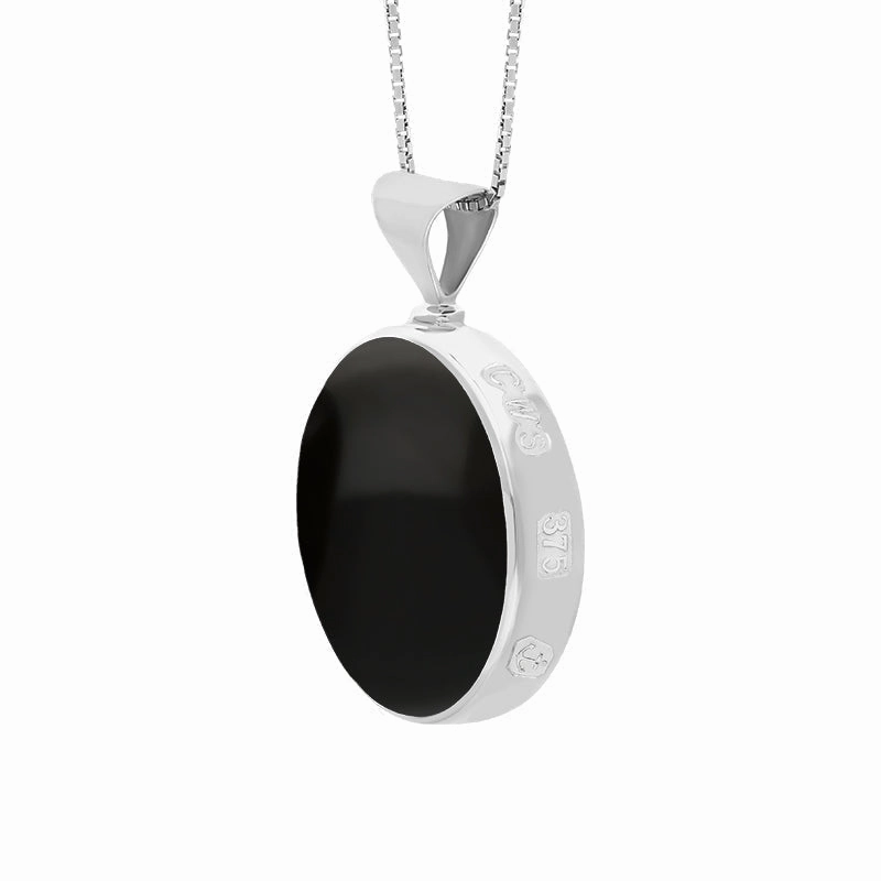 9ct White Gold Whitby Jet Blue John King's Coronation Hallmark Double Sided Round Necklace D