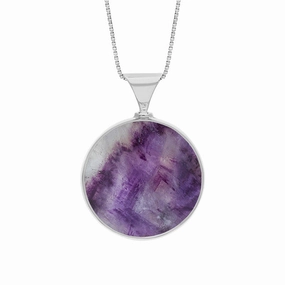 9ct White Gold Whitby Jet Blue John King's Coronation Hallmark Double Sided Round Necklace D