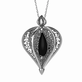 9ct White Gold Whitby Jet Flore Filigree Droplet Necklace