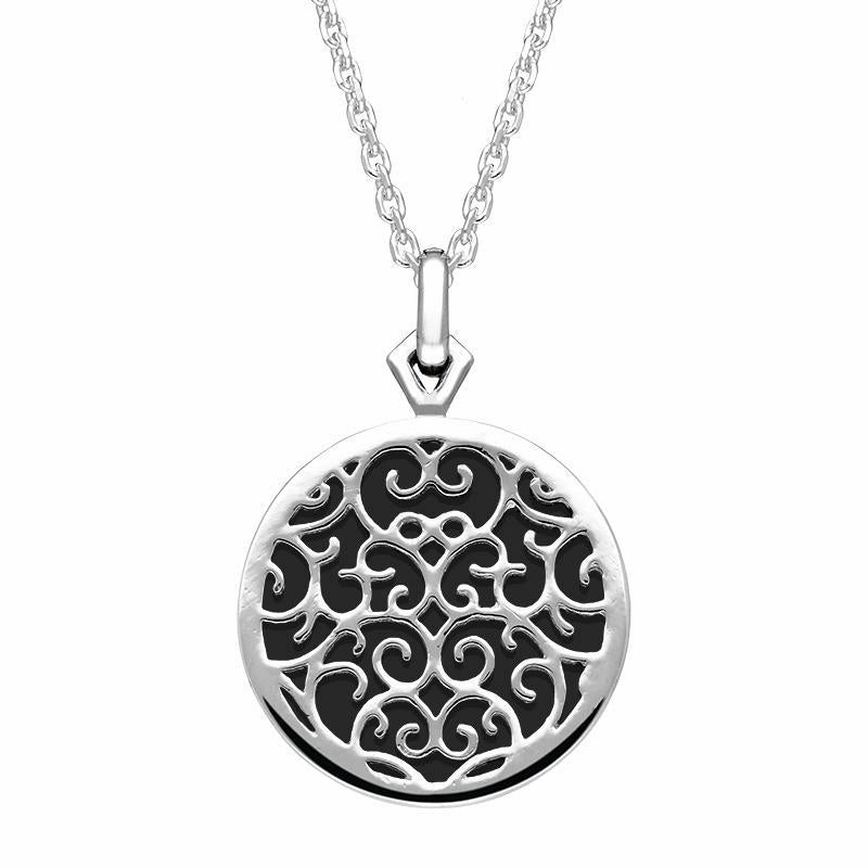 9ct White Gold Whitby Jet Flore Filigree Necklace