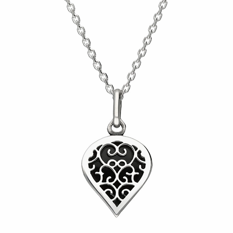9ct White Gold Whitby Jet Flore Filigree Small Heart Necklace