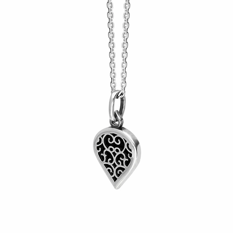 9ct White Gold Whitby Jet Flore Filigree Small Heart Necklace