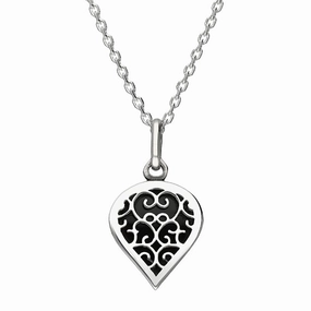 9ct White Gold Whitby Jet Flore Filigree Small Heart Necklace