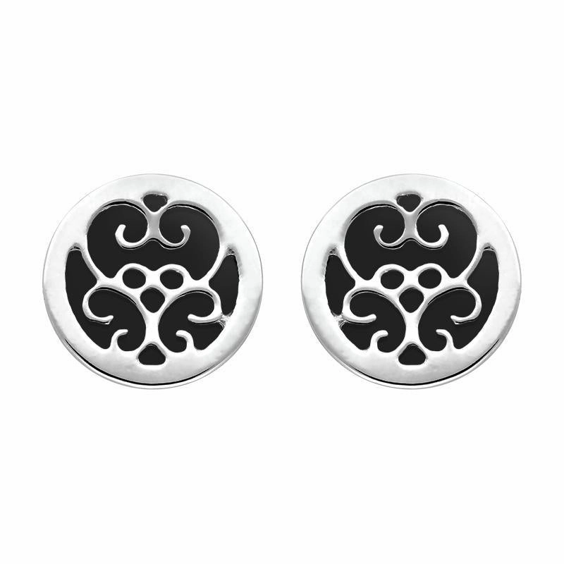 9ct White Gold Whitby Jet Flore Filigree Stud Earrings