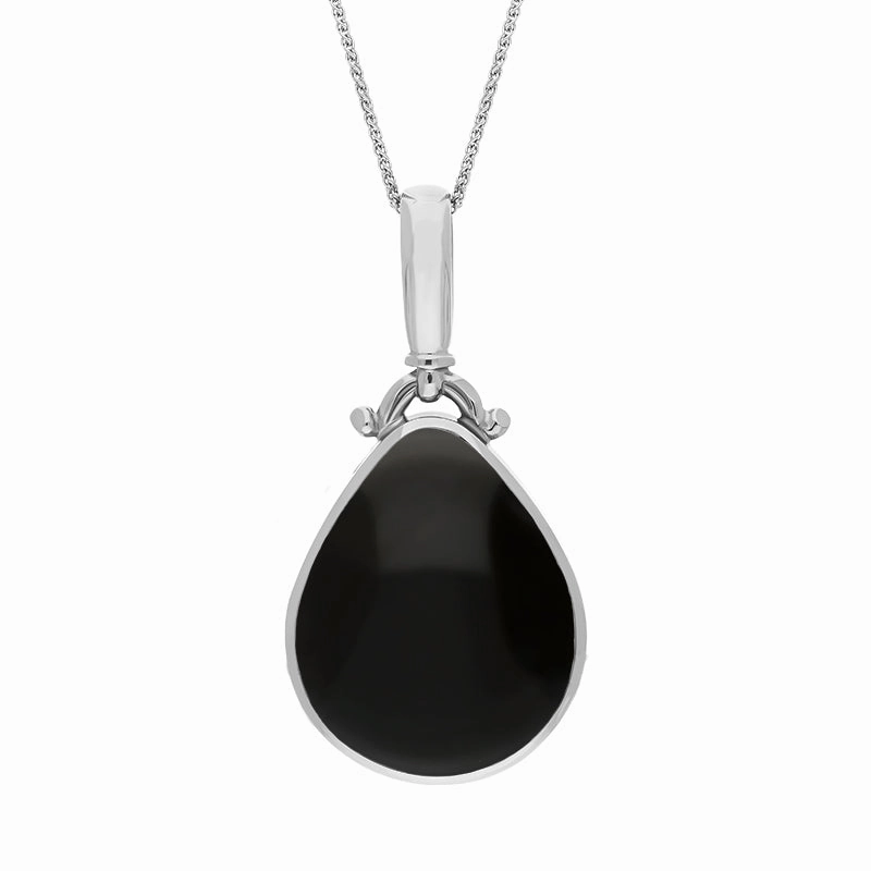 9ct White Gold Whitby Jet Lapis Lazuli Double Sided Pear Fob Necklace
