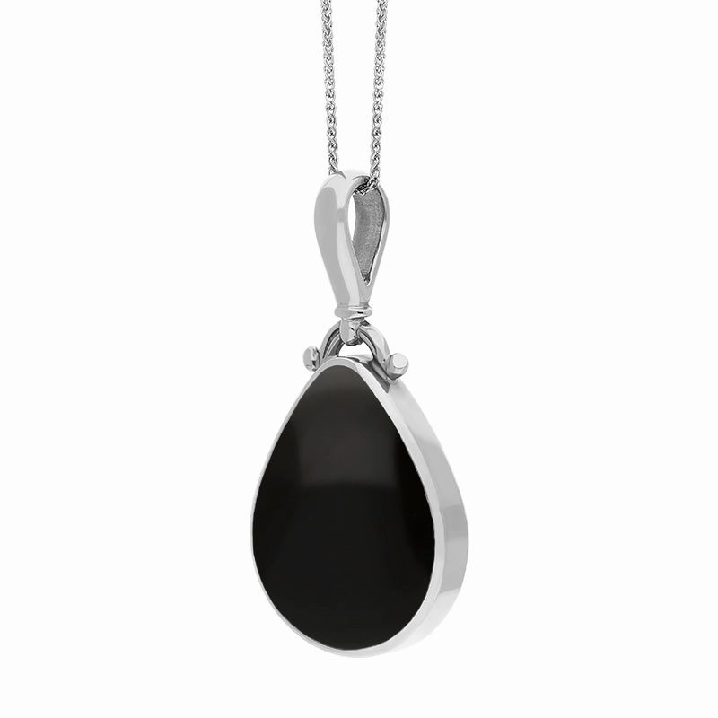 9ct White Gold Whitby Jet Lapis Lazuli Double Sided Pear Fob Necklace