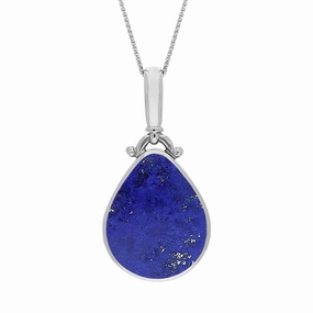 9ct White Gold Whitby Jet Lapis Lazuli Double Sided Pear Fob Necklace