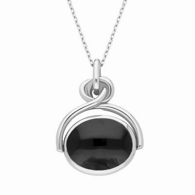 9ct White Gold Whitby Jet Lapis Lazuli Oval Swivel Fob Necklace