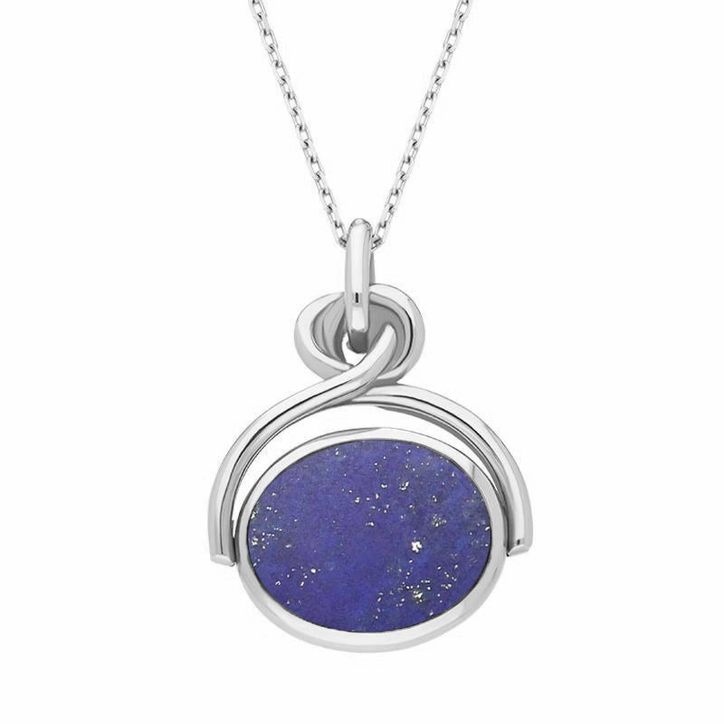 9ct White Gold Whitby Jet Lapis Lazuli Oval Swivel Fob Necklace