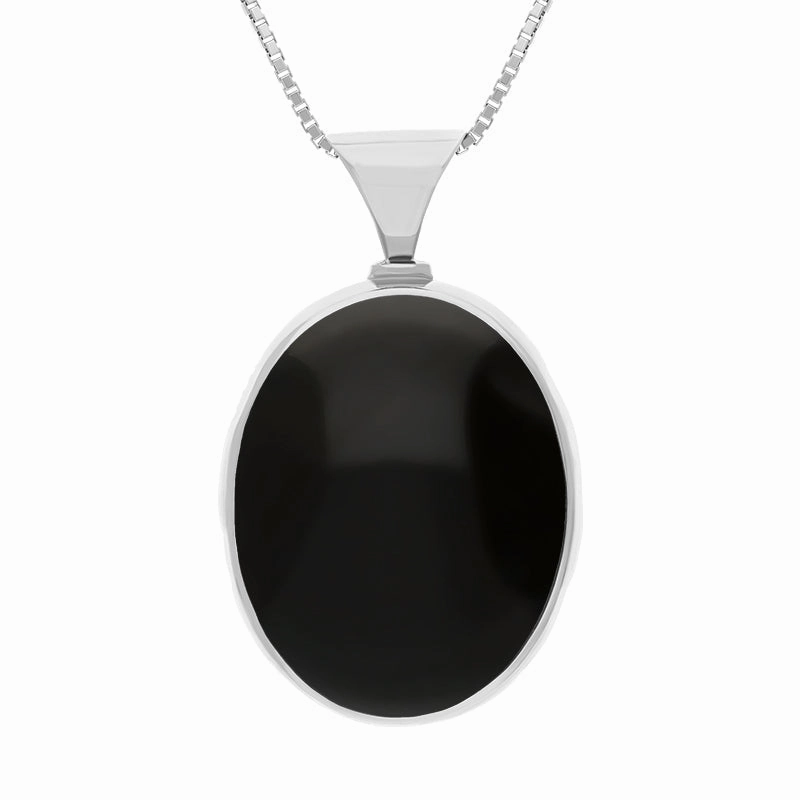 9ct White Gold Whitby Jet Lapis Lazuli Queens Jubilee Hallmark Double Sided Oval Necklace D
