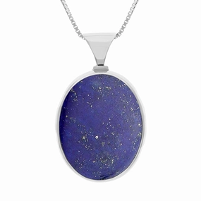 9ct White Gold Whitby Jet Lapis Lazuli Queens Jubilee Hallmark Double Sided Oval Necklace D