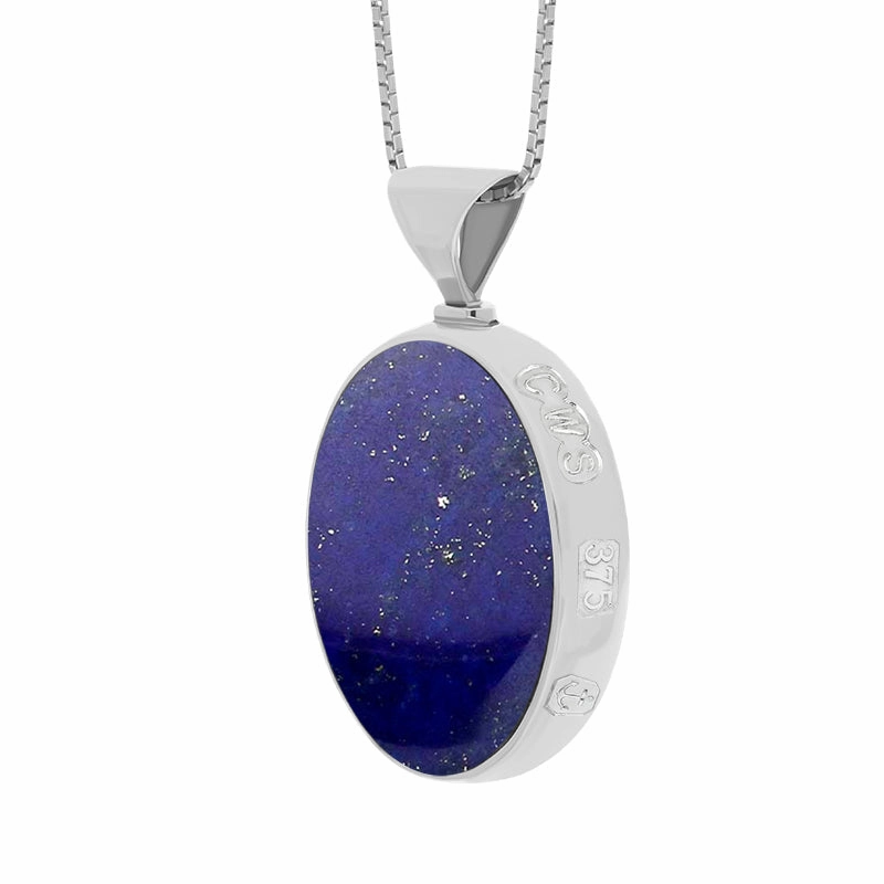 9ct White Gold Whitby Jet Lapis Lazuli Queens Jubilee Hallmark Double Sided Oval Necklace D