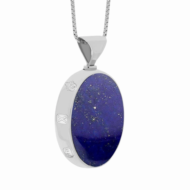 9ct White Gold Whitby Jet Lapis Lazuli Queens Jubilee Hallmark Double Sided Oval Necklace D