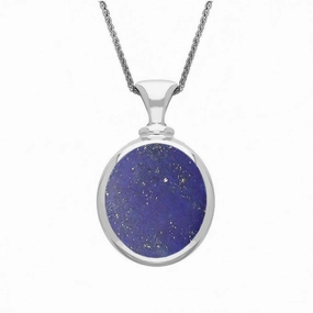9ct White Gold Whitby Jet Lapis Lazuli Small Double Sided Oval Fob Necklace