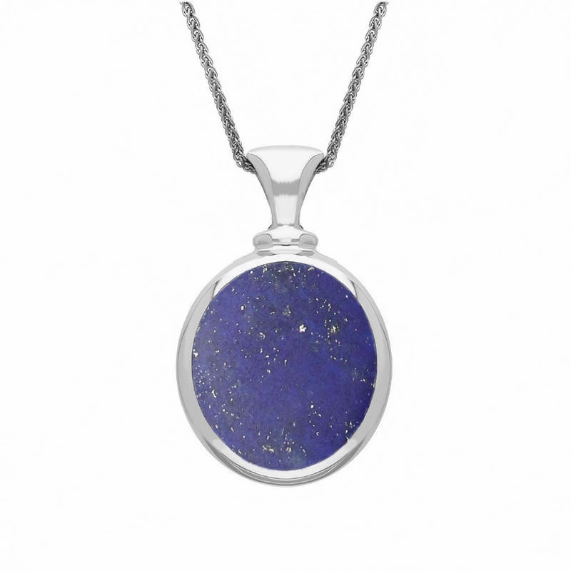 9ct White Gold Whitby Jet Lapis Lazuli Small Double Sided Oval Fob Necklace
