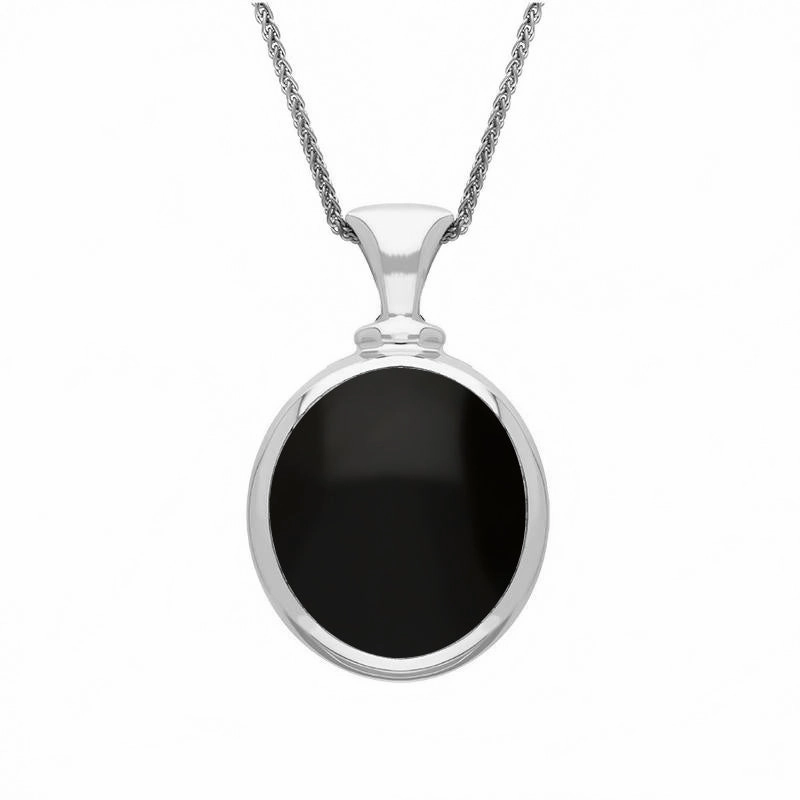 9ct White Gold Whitby Jet Lapis Lazuli Small Double Sided Oval Fob Necklace