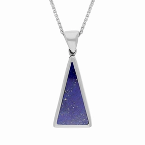 9ct White Gold Whitby Jet Lapis Lazuli Small Double Sided Triangular Fob Necklace