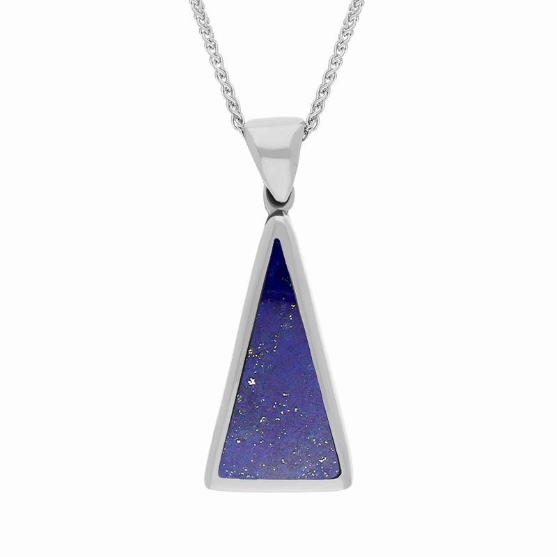 9ct White Gold Whitby Jet Lapis Lazuli Small Double Sided Triangular Fob Necklace