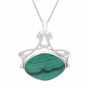 9ct White Gold Whitby Jet Malachite Bell Diamond Swivel Fob Necklace