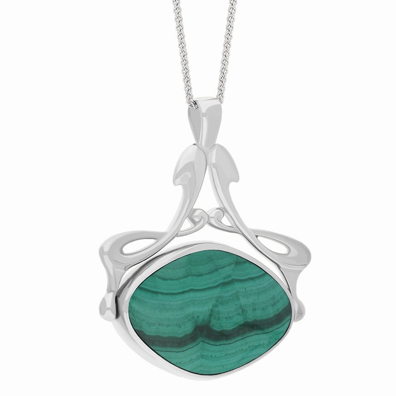 9ct White Gold Whitby Jet Malachite Bell Diamond Swivel Fob Necklace