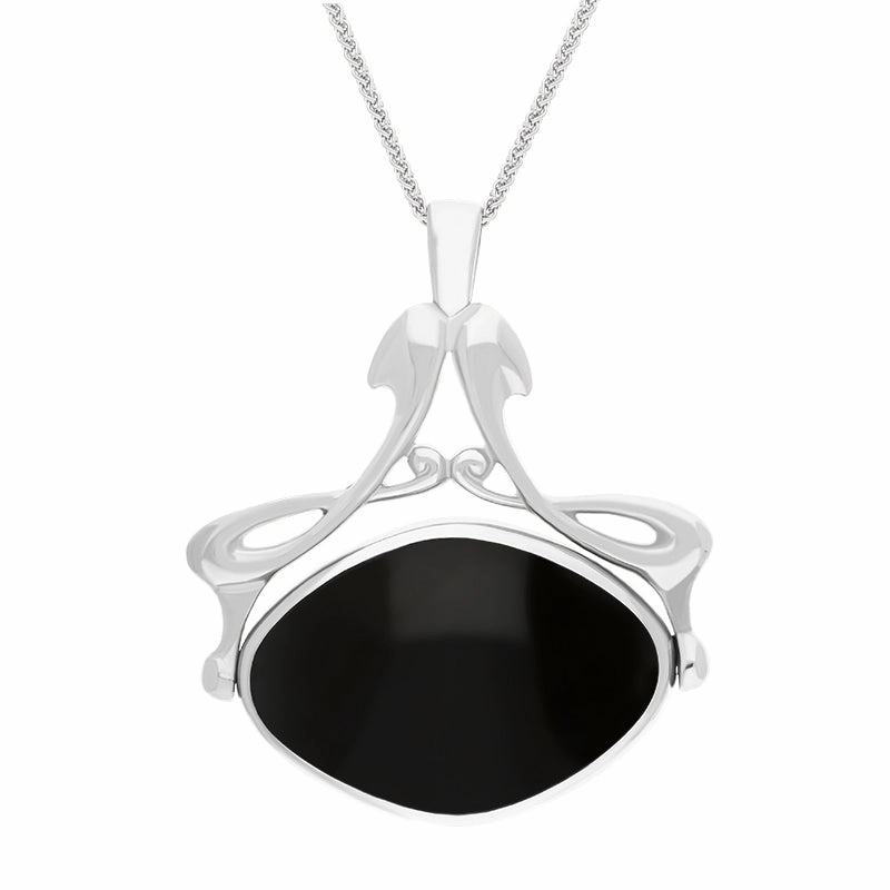 9ct White Gold Whitby Jet Malachite Bell Diamond Swivel Fob Necklace