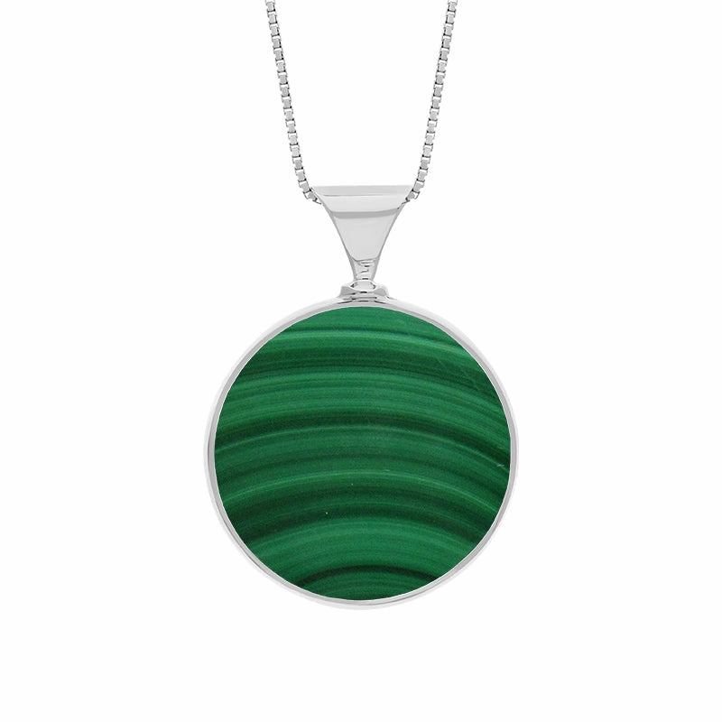 9ct White Gold Whitby Jet Malachite Queens Jubilee Hallmark Double Sided Round Necklace D