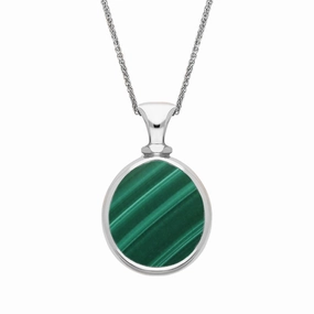 9ct White Gold Whitby Jet Malachite Small Double Sided Pear Fob Necklace