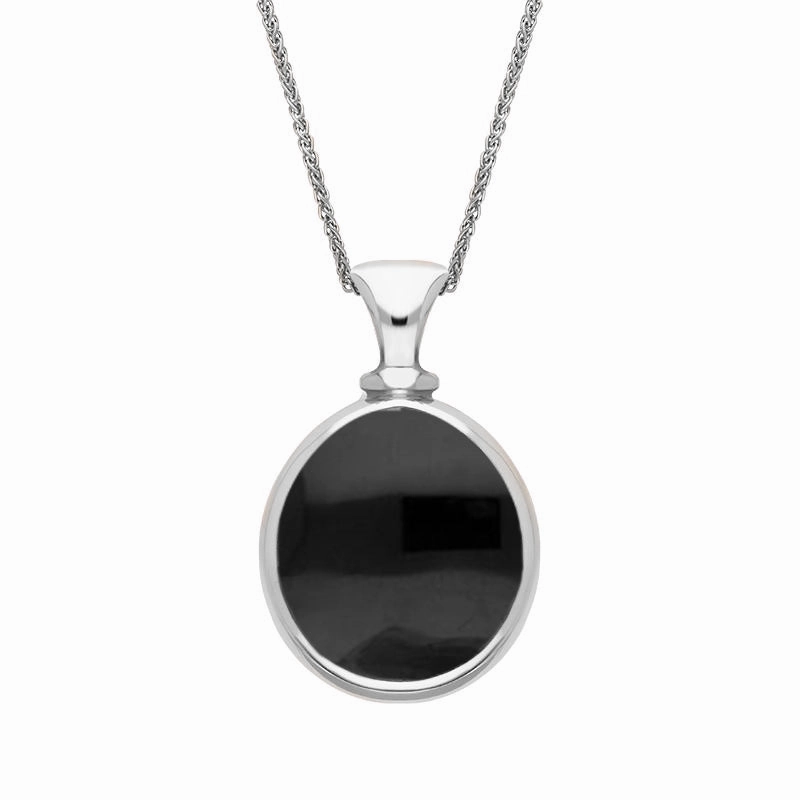 9ct White Gold Whitby Jet Malachite Small Double Sided Pear Fob Necklace