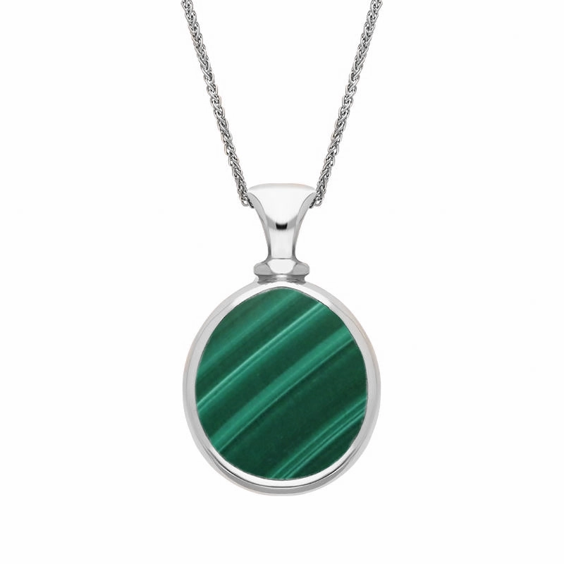 9ct White Gold Whitby Jet Malachite Small Double Sided Pear Fob Necklace