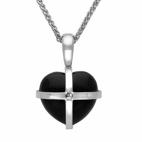 9ct White Gold Whitby Jet Marcasite Small Cross Heart Necklace