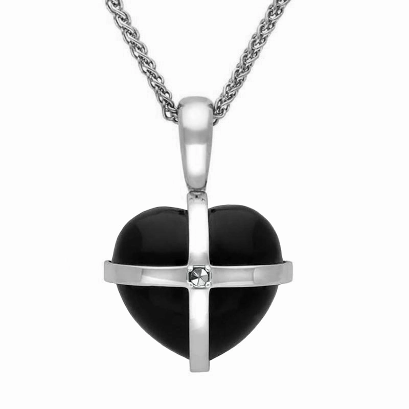 9ct White Gold Whitby Jet Marcasite Small Cross Heart Necklace