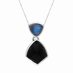 9ct White Gold Whitby Jet Moonstone Faceted Four Sided Drop Necklace D