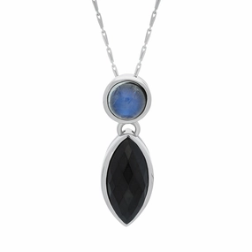 9ct White Gold Whitby Jet Moonstone Faceted Marquise Necklace D