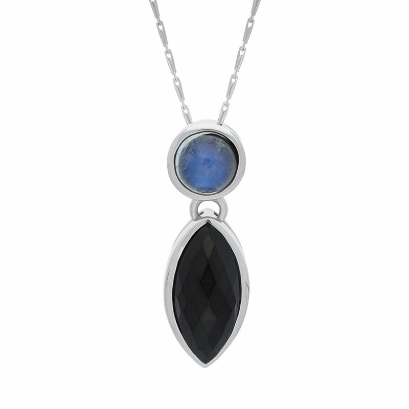 9ct White Gold Whitby Jet Moonstone Faceted Marquise Necklace D