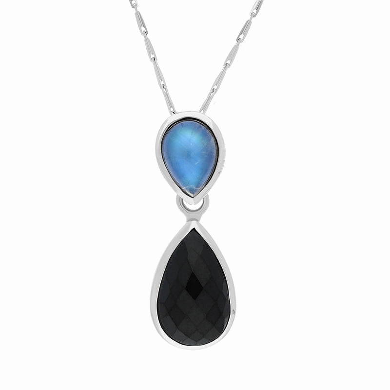 9ct White Gold Whitby Jet Moonstone Faceted Pear Drop Necklace D