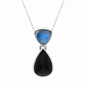9ct White Gold Whitby Jet Moonstone Faceted Pear Drop Necklace D