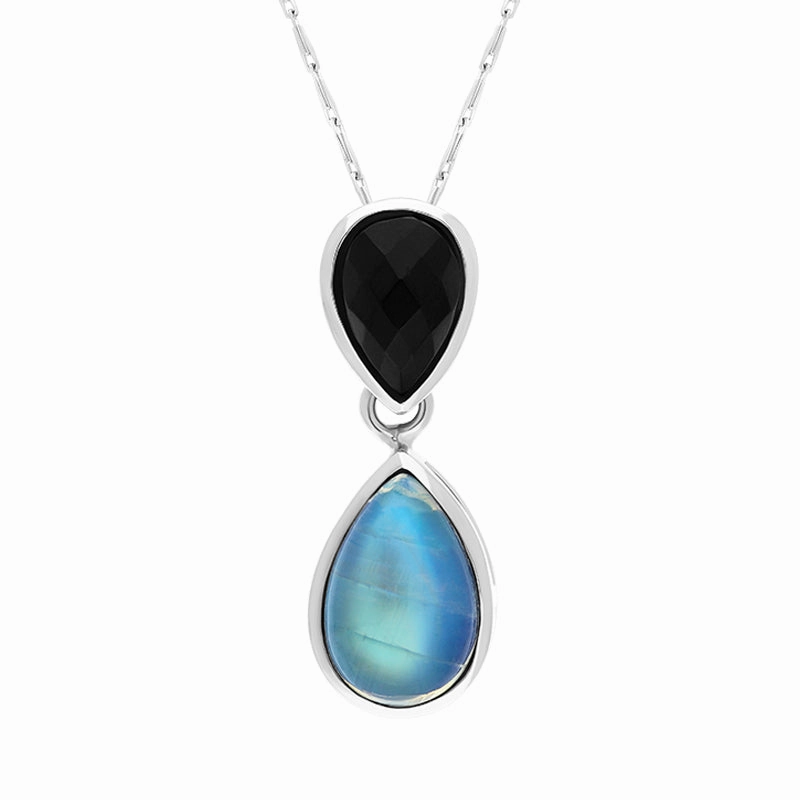 9ct White Gold Whitby Jet Moonstone Faceted Pear Drop Necklace D