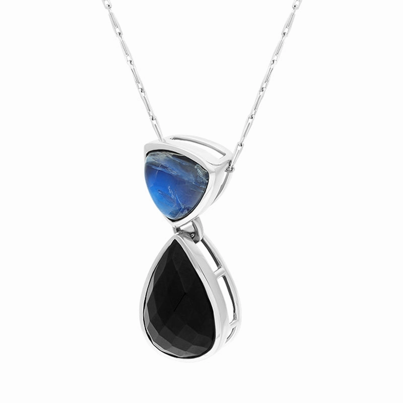 9ct White Gold Whitby Jet Moonstone Faceted Pear Drop Necklace D