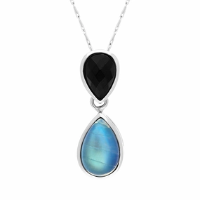 9ct White Gold Whitby Jet Moonstone Faceted Pear Drop Necklace D