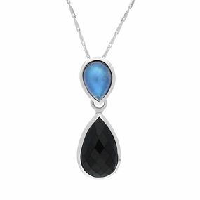 9ct White Gold Whitby Jet Moonstone Faceted Pear Drop Necklace D