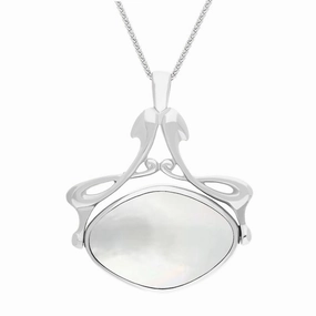 9ct White Gold Whitby Jet Mother Of Pearl Bell Diamond Swivel Fob Necklace