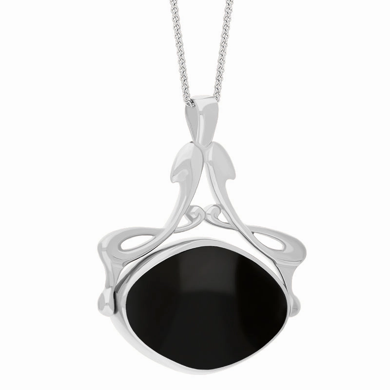 9ct White Gold Whitby Jet Mother Of Pearl Bell Diamond Swivel Fob Necklace